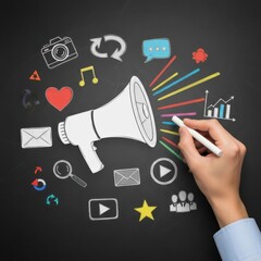 Hand drawing marketing icons on blackboard with megaphone and colorful lines social media communication
