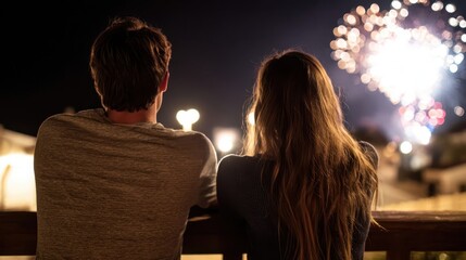 Couple watches fireworks display at night.
