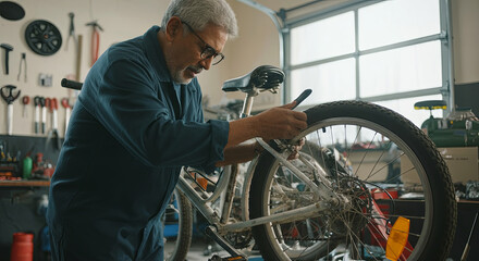 Senior man in blue coveralls is repairing a bicycle in a well-equipped workshop, surrounded by tools and spare parts, showcasing the art of bicycle maintenance and craftsmanship