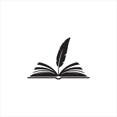 Black and white illustration of an open book with a feather quill standing upright in the center.