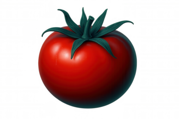 Photorealistic 3d rendering: ripe red tomato spinning, showcasing vivid green leaves against transparent backdrop