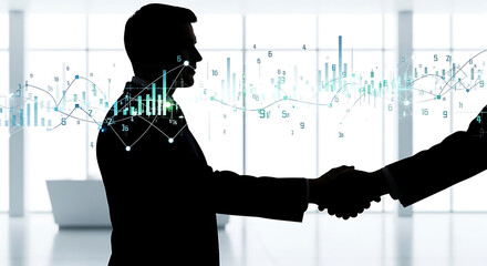 Silhouette of two businesspeople shaking hands overlaid with financial data visualization charts