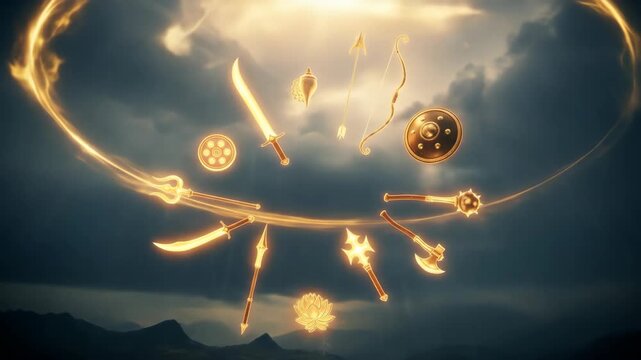 Divine weapons of maa durga manifesting for navratri puja symbolizing spiritual strength protection and victory over evil