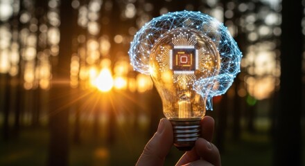 Hand holding glowing light bulb with A I brain and circuit board at sunset artificial intelligence technology