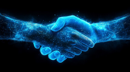 A modern digital handshake formed by glowing blue lines and energy streams, symbolizing trust, partnership, technology, and futuristic business collaboration in a connected digital world.