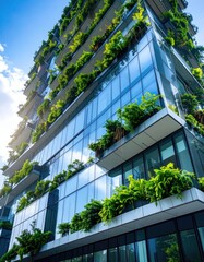 Verdant skyscraper with green plants and trees growing from its balconies, reflecting the clear blue sky in its glass facade