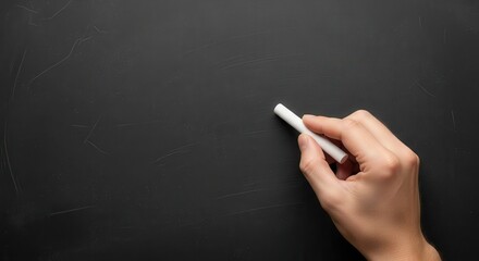 Hand holding white chalk against a dark textured blackboard background writing drawing