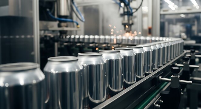 Can drink manufacturing with filling machines and conveyor belts