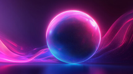 Futuristic neon 3D sphere made of gradient waves and glowing particles. Abstract technology concept representing AI, big data, digital engineering, and innovation in a vibrant modern design.