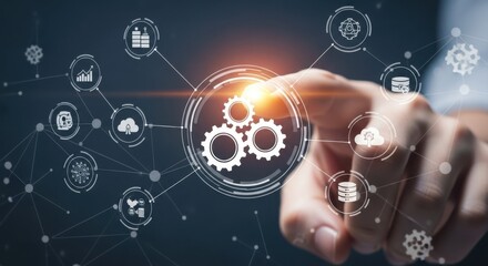 Hand touching digital network of gears and icons representing A I business technology image