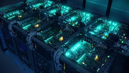 High-tech server room with glowing components and cables - Powered by Adobe