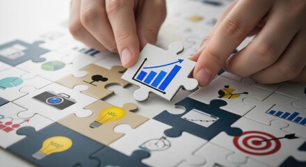Hands assembling jigsaw puzzle with business growth chart and icons technology