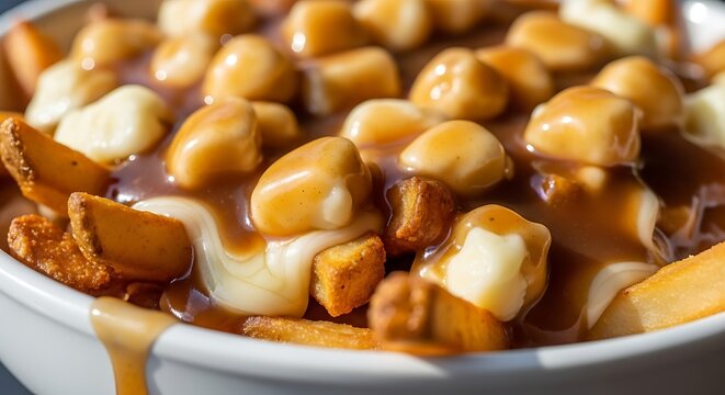 Close up image of poutine with cheese curds and sauce