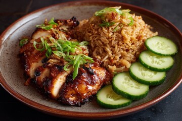Fototapeta premium Grilled chicken with spicy fried rice and cucumber