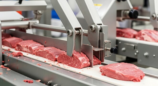 Food manufacturing of fresh meat with industrial cutting equipment