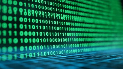 Binary Code Digital Data Stream on Computer Screen Display, Futuristic Technology Background with Computer Generated Numeric Patterns, Green Matrix Style Programming Data, Cybersecurity Concept - Powered by Adobe