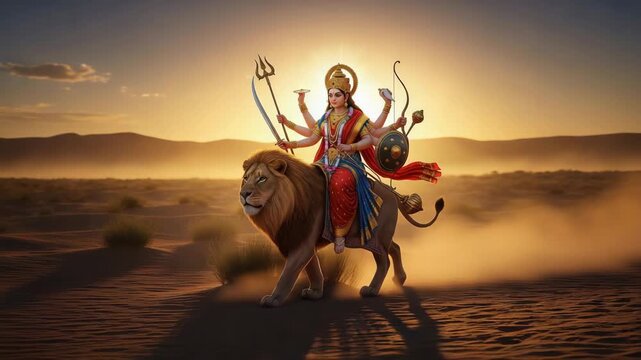 Maa durga on her majestic lion symbolizing divine strength and protection during the auspicious navratri festival puja