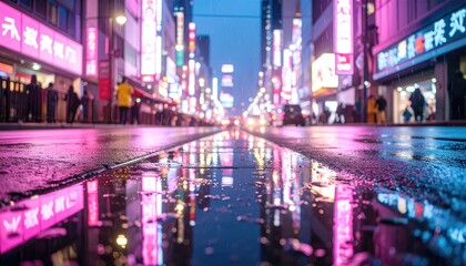Rain-slicked city street reflects neon signs, blurred figures walking on sidewalks in this vibrant urban night scene