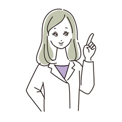 指差ししている白衣を着た女性の上半身