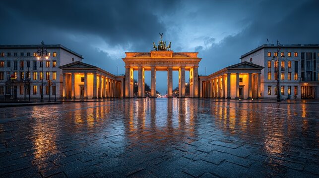 Brandenburg Gate Berlin Night Rain Reflections