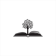 A stylized illustration of a tree growing from the center of an open book, depicted in black silhouette against a white background.