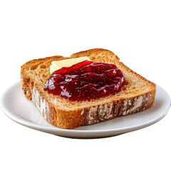 Toast with butter and raspberry jam on a white plate a delicious breakfast or snack option perfect for food photography and culinary content creation on transparent background
