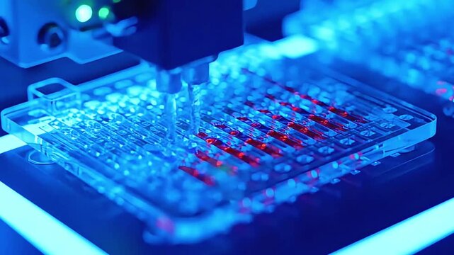 Automated Pipetting Robot Dispensing Samples into a Microplate for Scientific Analysis.