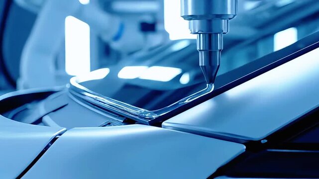 Automated Robotic Arm Applying Adhesive to Car Windshield on Assembly Line.