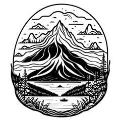 Monochrome mountain vista encompassing a serene lake surrounded by verdant coniferous forests and