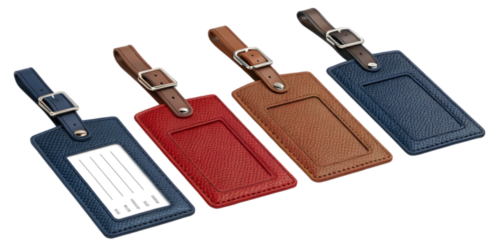 Four 3 D Rendered Leather Luggage Tags in Navy Blue Red Brown and Tan Colors Featuring Silver Buckles and Textured Surfaces Displayed Against a Black Background