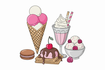 Assortment of Colorful Desserts Including Ice Cream Macaron and Milkshake on a White Background Perfect for Summer Time Treats