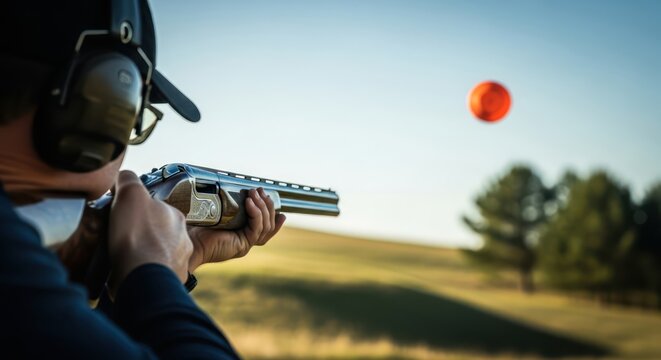 Precision and focus during trap shooting outdoors for competitive marksmanship competition