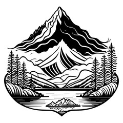 Monochrome mountainscape showcasing an alpine lake surrounded by dense forest and majestic peaks