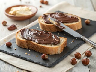 Delicious hazelnut chocolate spread on crusty bread with butter