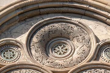 Facade relief detail on Samtavro Georgian Orthodox Christian church and UNESCO World Heritage site in Mtskheta, Georgia