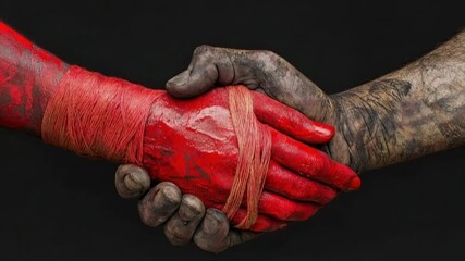 A pact made, hands covered in red and dirt meet in a handshake