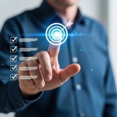 Man touching digital target and checklist on screen business technology