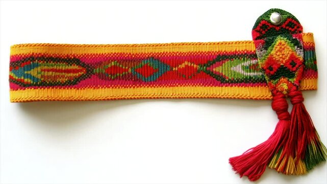 Colorful woven band with tassels and decorative elements