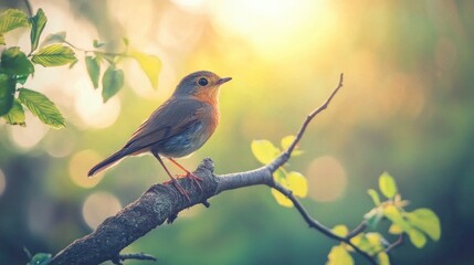 Obraz premium A bird perched on a branch with green leaves in a natural setting.