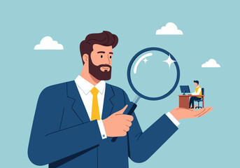 A large manager carefully examines a small employee with a magnifying glass, symbolizing corporate scrutiny and performance review