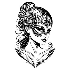 Mysterious monochrome depiction of a woman adorned with intricate floral and ornamental masquerade