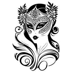 Mysterious woman with an ornate mask and floral decoration creates an enigmatic and artistic