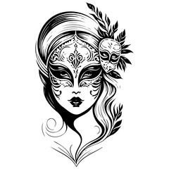 Mysterious woman with ornate mask and flourishing foliage evoking elegance and captivating aura of