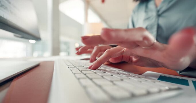 Hands, business and woman with keyboard, typing and research for news report, editing and email. Closeup, person and journalist in office, pc and deadline for online magazine and article publication