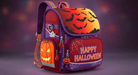 A halloween themed backpack with pumpkins bats and a ghost charm against a blurred purple background