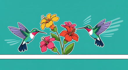 Two vibrant hummingbirds hover near colorful tropical flowers, creating a lively and natural scene.