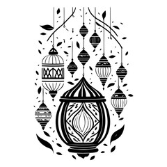 Ornamental lanterns and foliage design evoking festive celebrations with monochrome illustration