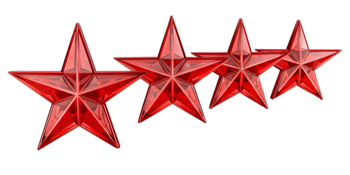 Six Intricate Red Glass Star Sculptures Arranged in a Row Against a Black Background Each Star Exhibits a Facetted Design with a Translucent Quality Revealing Internal Light