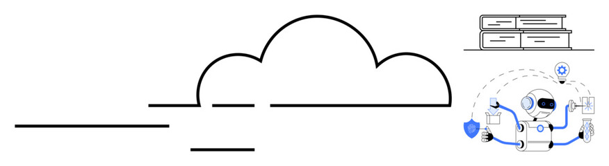 Cloud with AI robot managing tasks, shield for security, documents, and books for storage and knowledge. Ideal for technology, AI, cybersecurity, cloud computing, data management innovation digital