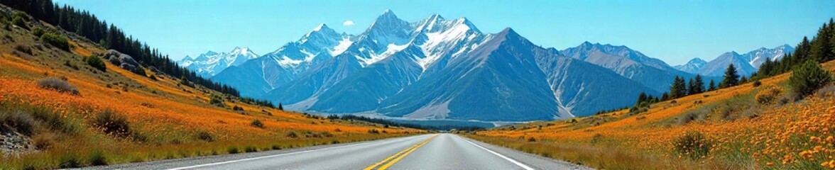 Majestic mountain range viewed from a winding highway, vibrant wildflowers dotting the roadside, clear blue sky  Perfect for travel, adventure, and nature themes ,  road,  journey,  freedom